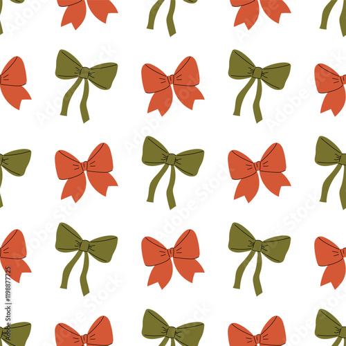Seamles Pattern with green and red Bows. Cute Bows textile printing, baby clothes and wallpaper. Vector illustration on a white background