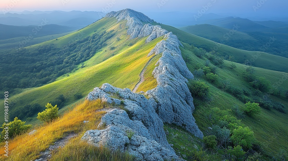 custom made wallpaper toronto digitalSerene mountain landscape with rocky ridge and lush greenery under soft morning light.