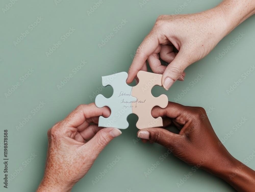Minimalist Pastel Puzzle Diverse Hands Connecting Pieces on Soft Green - Team Building Imagery for Corporate Synergy and Educational Collaboration Minimalist Pastel Puzzle Diverse Hands Connecting Pieces on Soft Green - Team Building Imagery for Corporate Synergy and Educational Collaboration