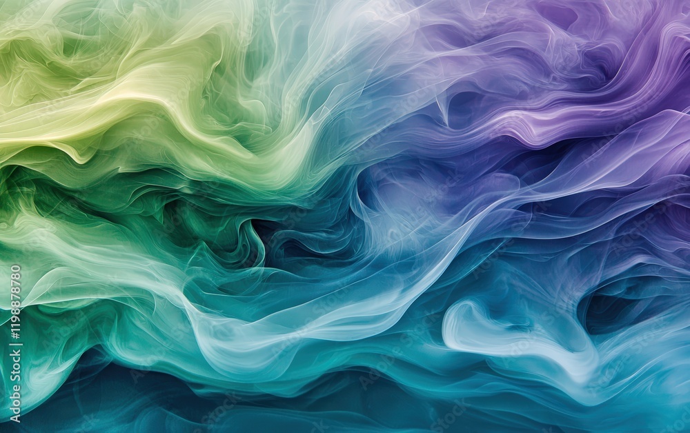 Fototapeta premium Abstract swirling of bright green, blue, and purple smoke, creating soft waves on a white surface
