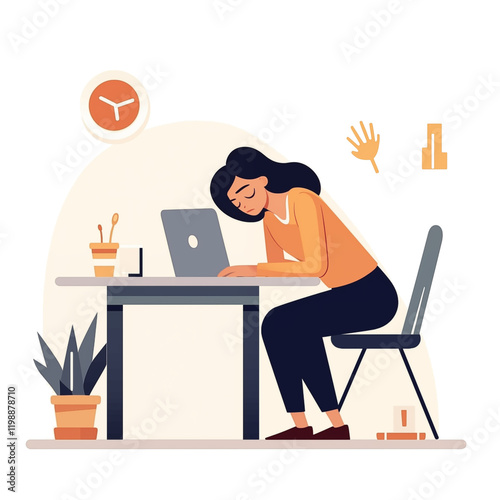 Person Resting Head on Desk with Laptop and Office Supplies, stress, Digital Illustration for Website Background