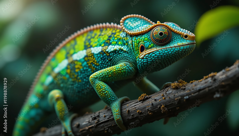 Chameleon on Branch: A vibrant chameleon with iridescent green, blue, and yellow scales perches on a branch, its mesmerizing eyes fixed on the viewer. Chameleon on Branch: A vibrant chameleon with iridescent green, blue, and yellow scales perches on a branch, its mesmerizing eyes fixed on the viewer.