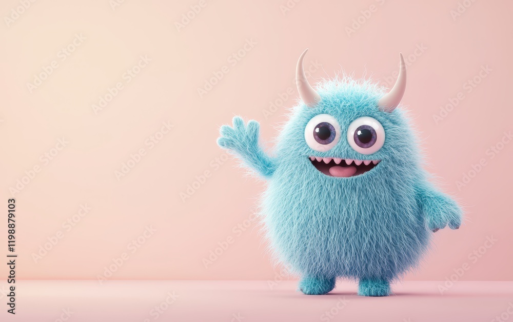 Fototapeta premium Adorable blue fuzzy monster with tiny horns, waving happily, 3D cartoon style, isolated on a pastel background