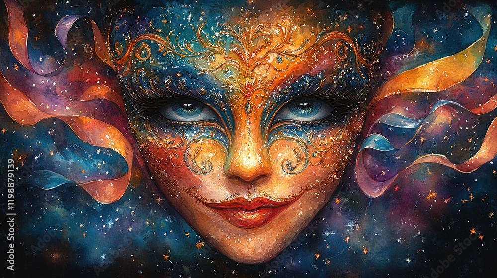 custom made wallpaper toronto digitalA vibrant, cosmic-themed mask with intricate designs and flowing ribbons against a starry background.