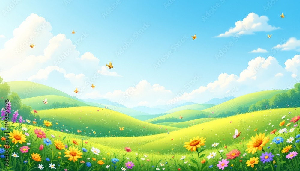 Sunny Meadow Landscape: A vibrant illustration of a sun-drenched meadow, teeming with wildflowers, butterflies, and bees, set against a backdrop of rolling green hills and a clear blue sky. Sunny Meadow Landscape: A vibrant illustration of a sun-drenched meadow, teeming with wildflowers, butterflies, and bees, set against a backdrop of rolling green hills and a clear blue sky.