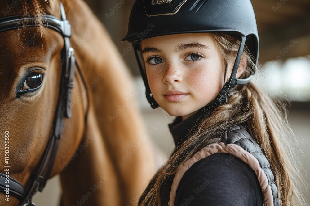 Young rider preparing for riding lessons with her horse in a spacious indoor arena during a training session Young rider preparing for riding lessons with her horse in a spacious indoor arena during a training session