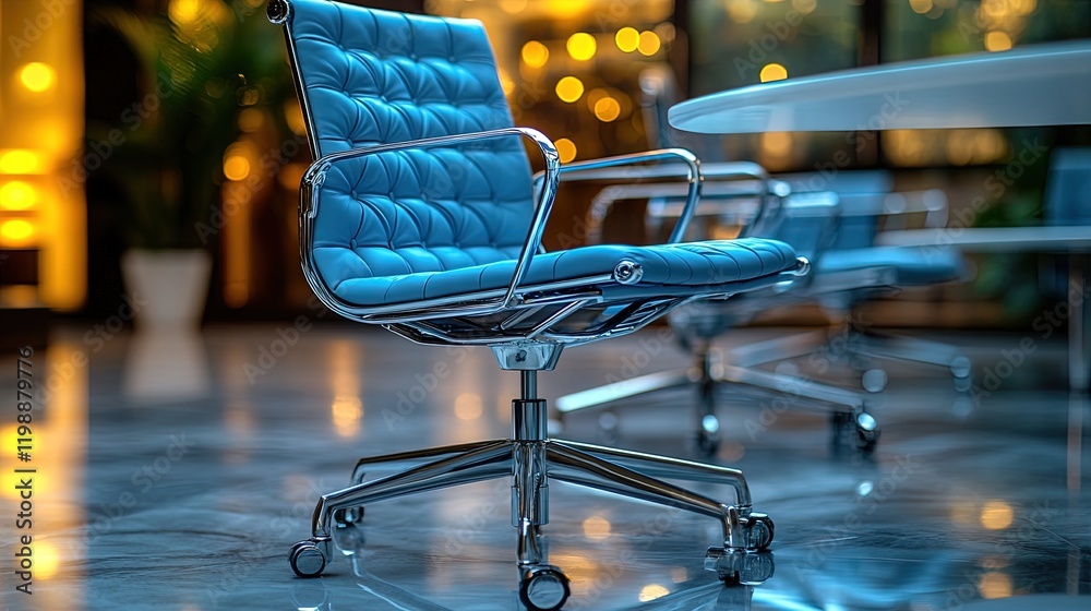 custom made wallpaper toronto digitalA stylish blue office chair in a modern workspace with a blurred background.