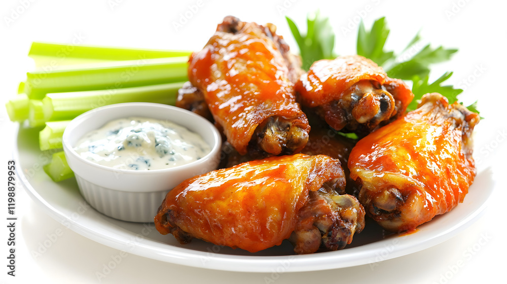 Neatly Arranged Plate of Buffalo Wings with Celery Sticks and Dip Neatly Arranged Plate of Buffalo Wings with Celery Sticks and Dip