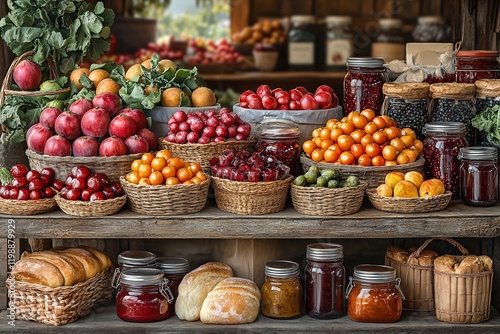 A farmer market stand filled with organic produce, artisan breads, and jars of homemade jam, photorealistic photo