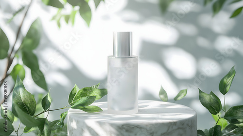 Skincare Bottle with Natural Green Backdrop photo