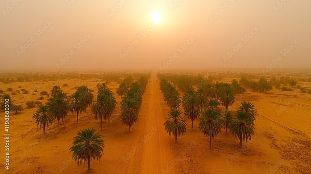 custom made wallpaper toronto digitalA serene desert landscape with palm trees lining a dirt road under a hazy sunset.