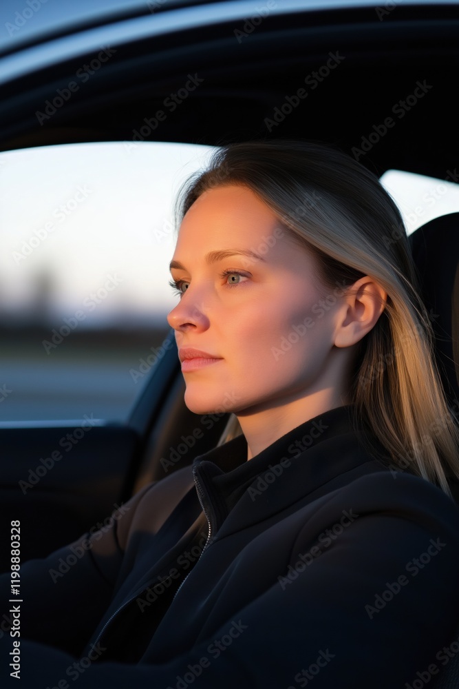 A woman is driving a car and looking out the window. She is wearing a black jacket and has long hair A woman is driving a car and looking out the window. She is wearing a black jacket and has long hair