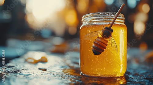 A jar of honey with a dipper, glistening in warm light, emphasizing natural sweetness.