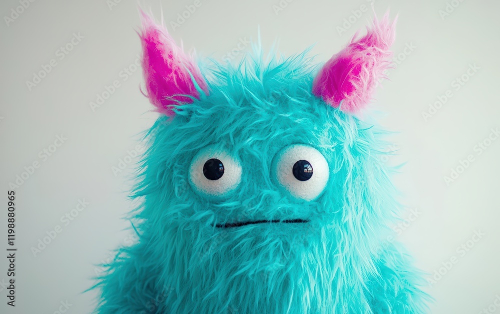 Obraz premium Bright turquoise fluffy monster with neon pink ears and a playful expression, on a bright white background