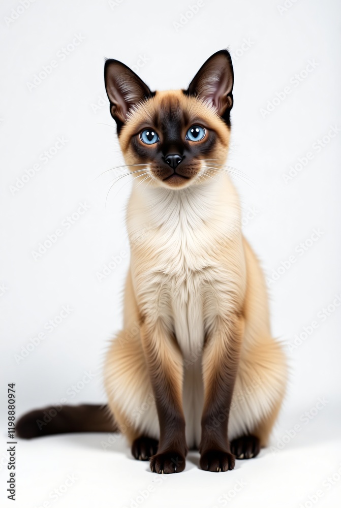 A striking Siamese cat is positioned centrally against a clean white background. The cat features a sleek, cream-colored body with darker chocolate-colored markings on its ears, face, and paws. 