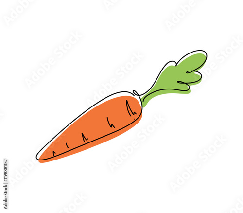 Carrot is hand-drawn in one continuous line, isolated on a white background, vector, color illustration. A bright vegetable, an element for labels, decorations, design, flat design, simple drawing