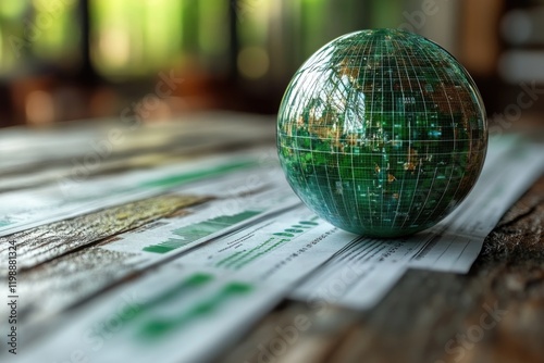 A small green globe sits atop a wooden table, perfect for a nature-inspired setting or decorative piece photo