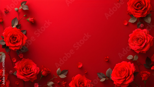 Romantic Valentine's Day Red Background with Elegant Rose Decorations, Valentine’s Day Roses on a Vibrant Red Background for a Romantic Setting.