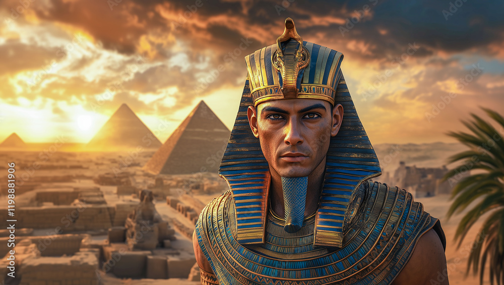 Obraz premium ancient egyptian sculpture of Pharaoh in the sands of the desert. Expressive classical sculpture of ancient Egypt. Template for poster