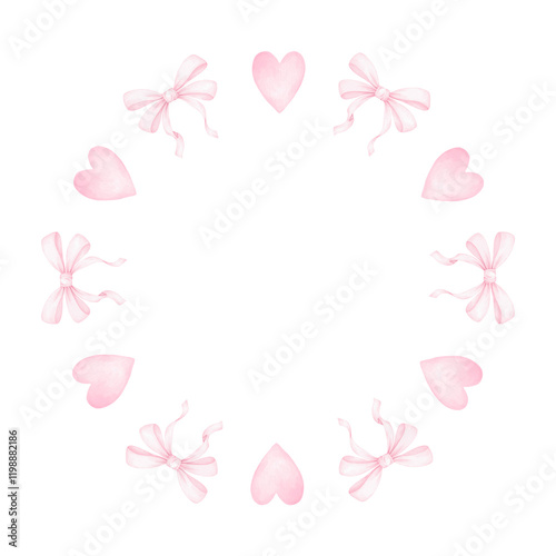 heart, bow. Watercolor round frame template in pastel colors for textile and wrapping paper. Cute watercolor illustration for Valentine's Day