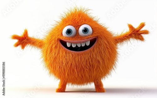 Cute furry orange monster, 3D cartoon character, with a round body and floppy arms, isolated on white background