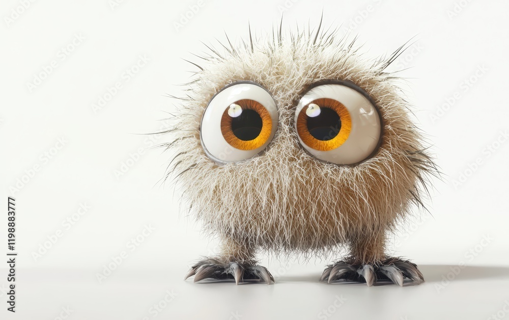 Fototapeta premium Cute little monster with big eyes and a fluffy body, standing on a clean white background