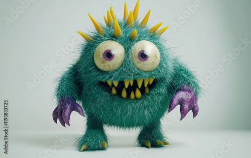Cute fuzzy green monster with yellow spikes and purple claws, isolated on a bright white surface