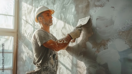 Professional worker applying mechanized wall plastering techniques