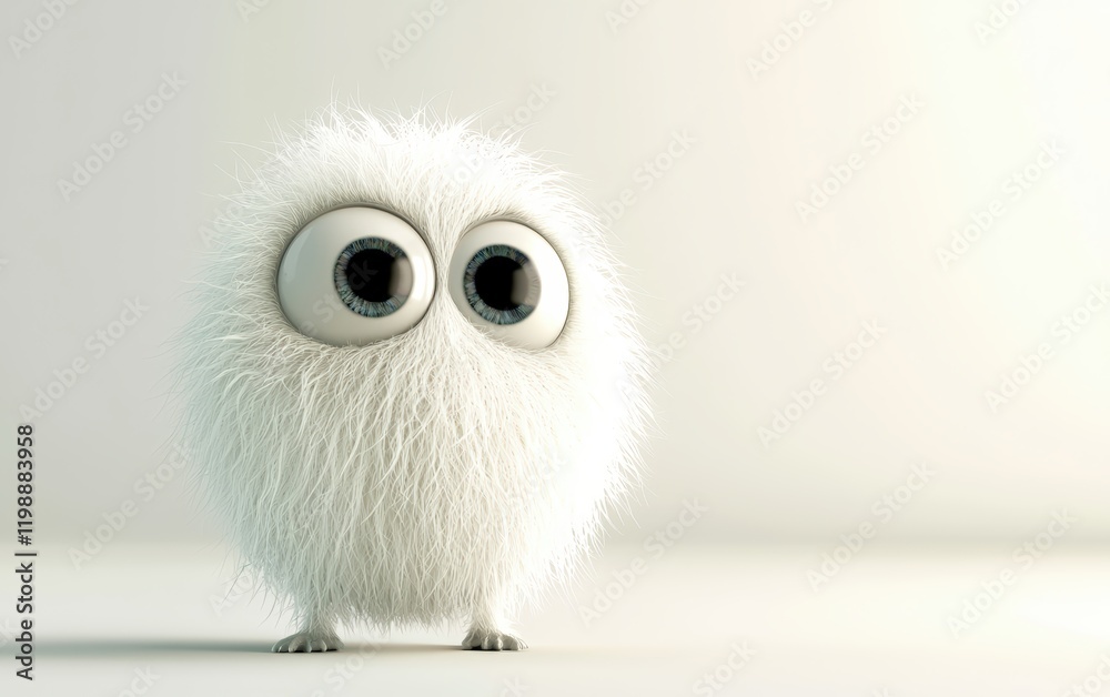 Cute little monster with big eyes and a fluffy body, standing on a clean white background Cute little monster with big eyes and a fluffy body, standing on a clean white background