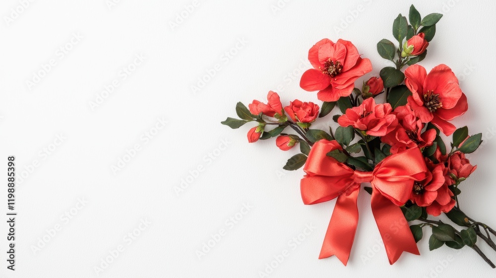 Elegant red flowers with bow on white background floral art Elegant red flowers with bow on white background floral art