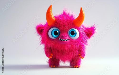 Fluffy pink monster with bright orange horns and big blue eyes, standing on a bright white background
