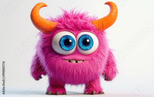 Fluffy pink monster with bright orange horns and big blue eyes, standing on a bright white background