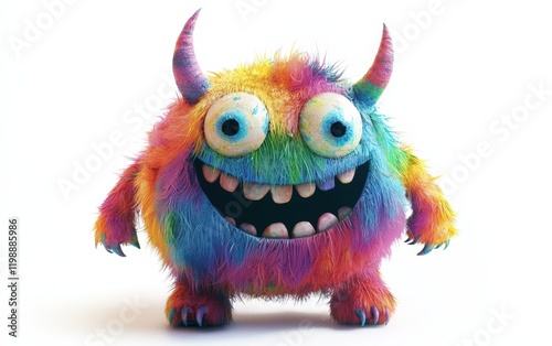 Friendly colorful monster with small horns and a big smile, isolated on a white surface