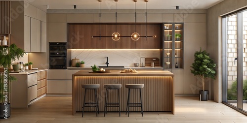 Modern Kitchen Interior Design Wood Cabinets Island Lighting Countertop Appliances Minimalist Decor