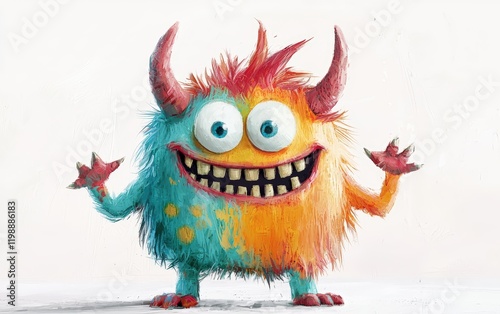 Friendly colorful monster with small horns and a big smile, isolated on a white surface