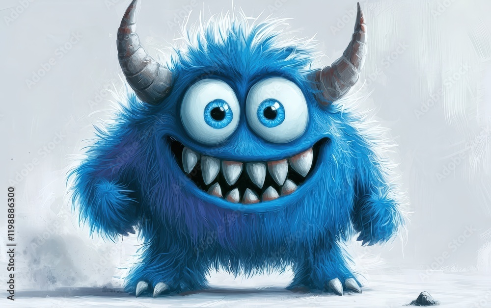 Obraz premium funny Fluffy bright monster with horns and big blue eyes, cartoon charachter standing on a bright white background