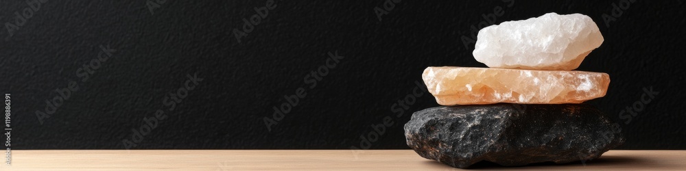 Minimalist Natural Stone Display Raw Quartz on Matte Black and Wooden Surface - Modern Wellness Decor and Spiritual Healing Product Showcase Minimalist Natural Stone Display Raw Quartz on Matte Black and Wooden Surface - Modern Wellness Decor and Spiritual Healing Product Showcase