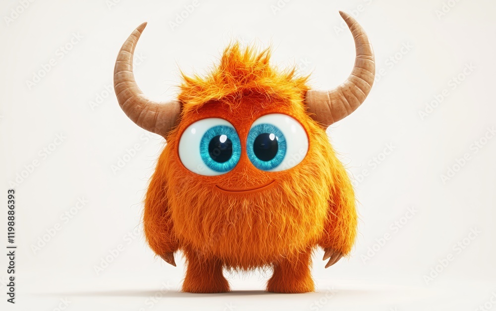 Fototapeta premium funny Fluffy bright monster with horns and big blue eyes, cartoon charachter standing on a bright white background