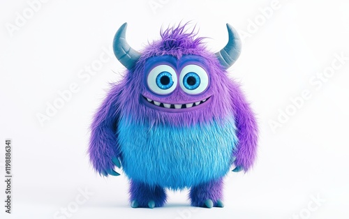 funny Fluffy bright monster with horns and big blue eyes, cartoon charachter standing on a bright white background