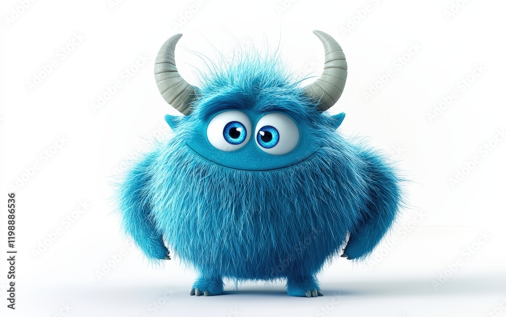 Fototapeta premium funny Fluffy bright monster with horns and big blue eyes, cartoon charachter standing on a bright white background