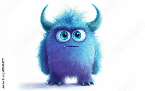 funny Fluffy bright monster with horns and big blue eyes, cartoon charachter standing on a bright white background