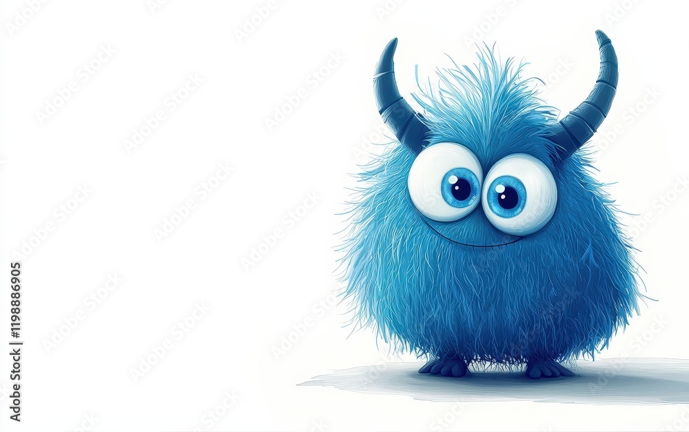 Fototapeta premium funny Fluffy bright monster with horns and big blue eyes, cartoon charachter standing on a bright white background