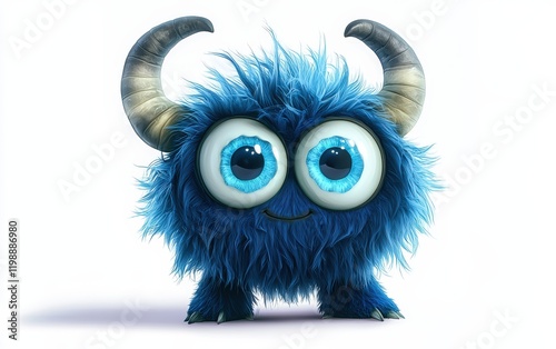 funny Fluffy bright monster with horns and big blue eyes, cartoon charachter standing on a bright white background