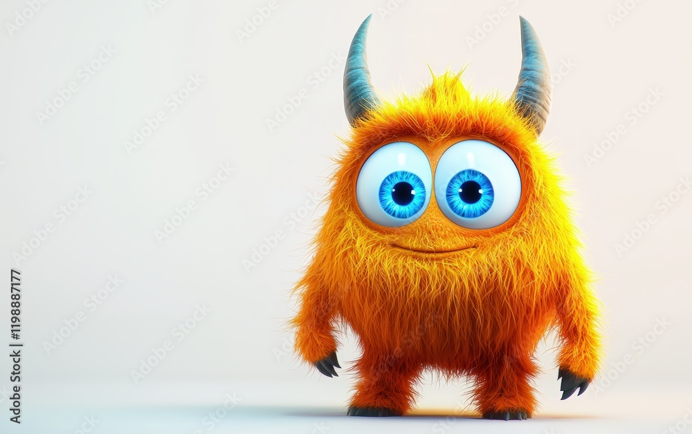 funny Fluffy bright monster with horns and big blue eyes, cartoon charachter standing on a bright white background funny Fluffy bright monster with horns and big blue eyes, cartoon charachter standing on a bright white background