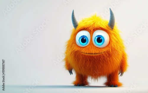 funny Fluffy bright monster with horns and big blue eyes, cartoon charachter standing on a bright white background