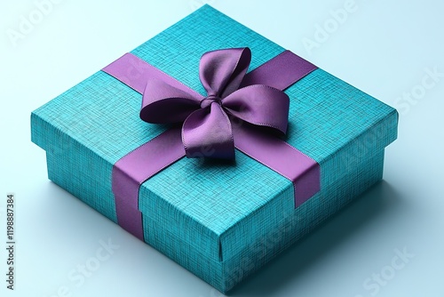 A beautifully wrapped turquoise gift box with a purple ribbon and bow.