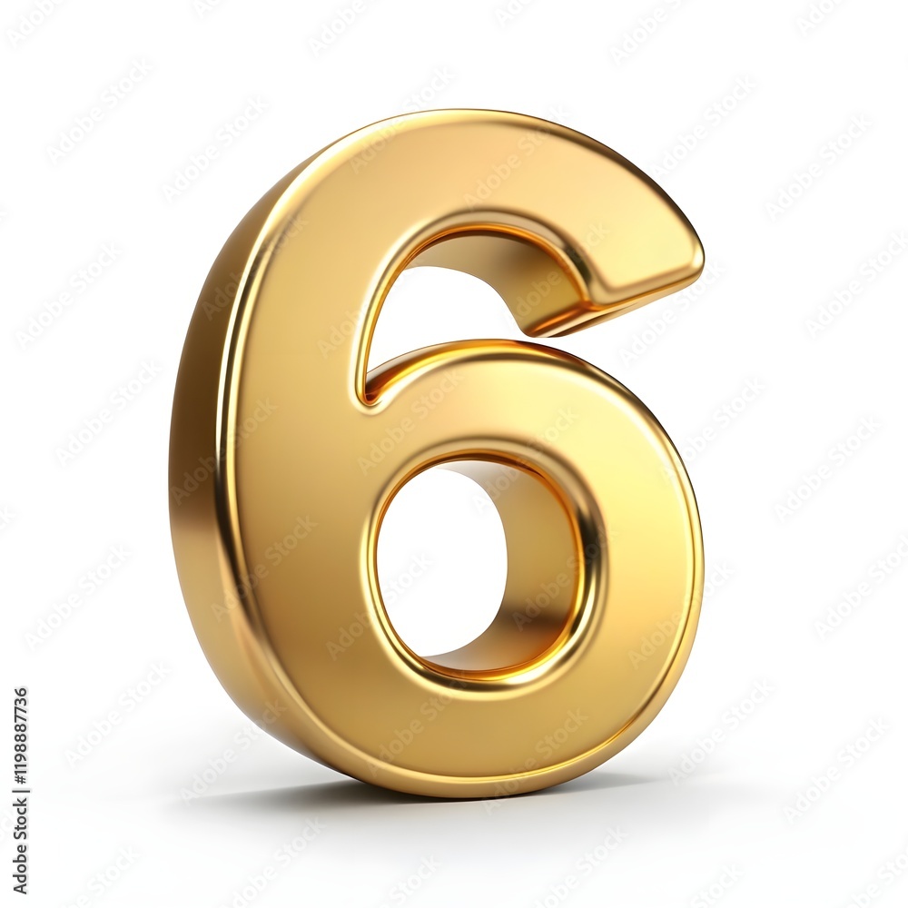 The number 6 with a shiny golden effect on a white background. The number 6 with a shiny golden effect on a white background.