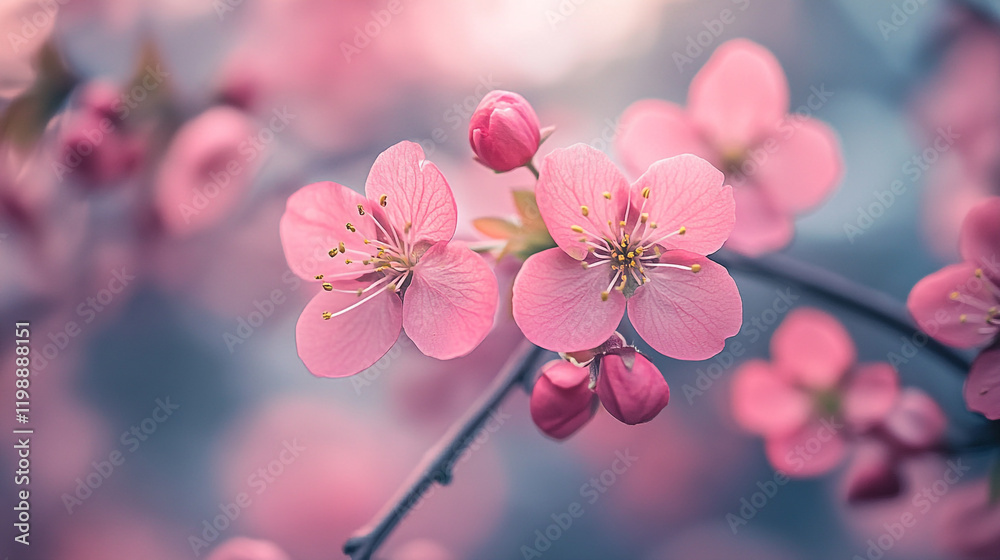 Blossoming cherry blossoms in soft light during springtime in a tranquil garden Blossoming cherry blossoms in soft light during springtime in a tranquil garden