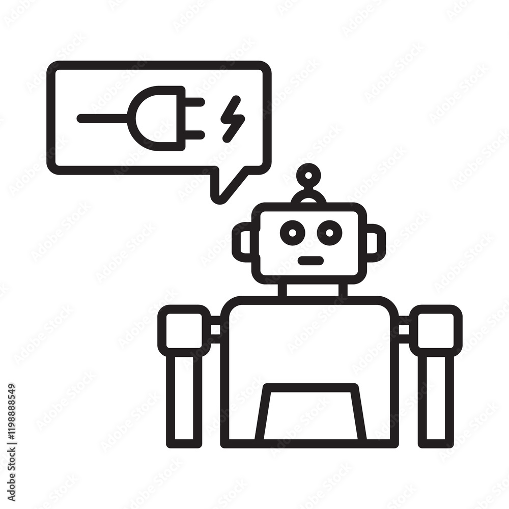 Charging Robot Icon- AI Robot with Power Plug for Recharging Charging Robot Icon- AI Robot with Power Plug for Recharging