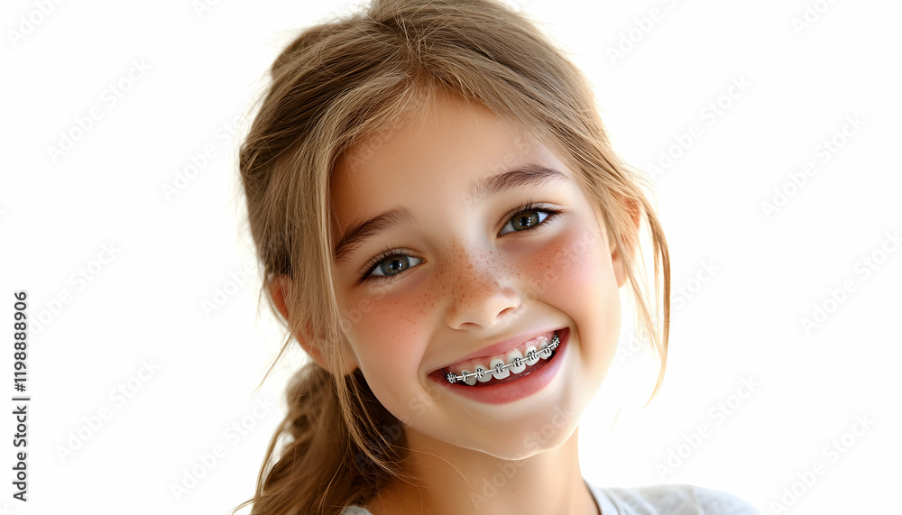 Smiling young girl with braces during a routine dental checkup in a bright clinic setting - Smiling young girl with braces during a routine dental checkup in a bright clinic setting -